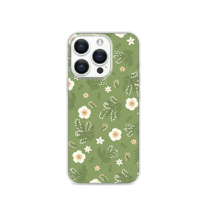 Green Background White Flowers Fine Foliage Screenprint Magnetic Clear Case for iPhone [Compatible with Magsafe]