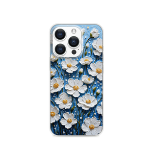 Impasto Oil Painting White Flowers Blue Background Magnetic Clear Case for iPhone [Compatible with Magsafe]