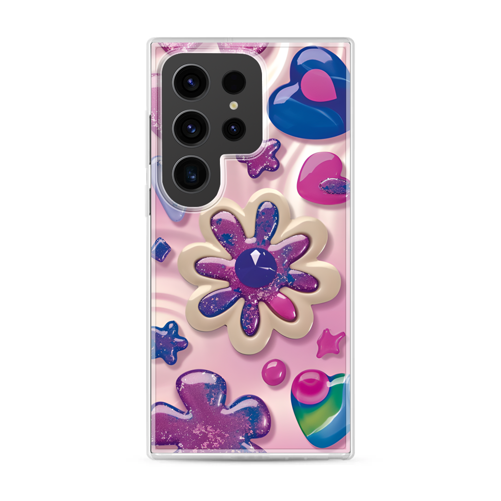 Glossy Floral Heart Patterns Resin Magnetic Clear Case for Samsung [Compatible with Magsafe]