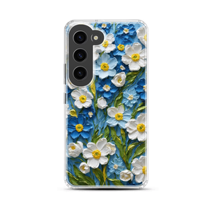 Impasto Oil Painting White and Blue Flowers Papers Book Cover Magnetic Clear Case for Samsung [Compatible with Magsafe]